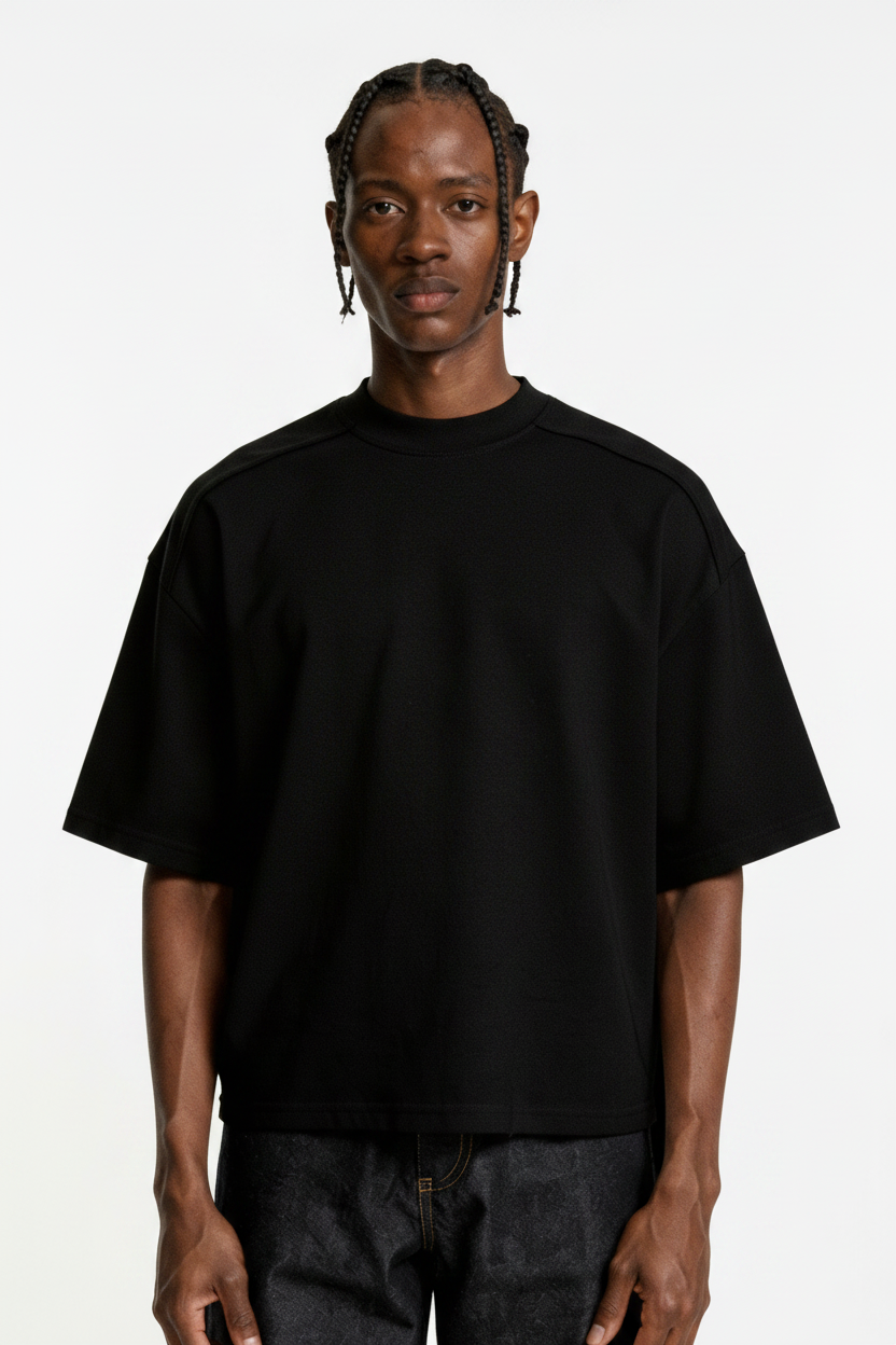 Black Boxy Tee with Bilateral Shoulder Line Detail