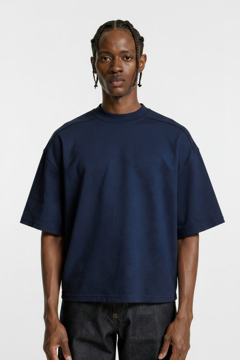 Navy Boxy Tee with Shoulder Line Detail