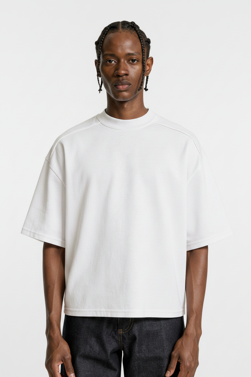 White Boxy Tee with Bilateral Shoulder Line Detail