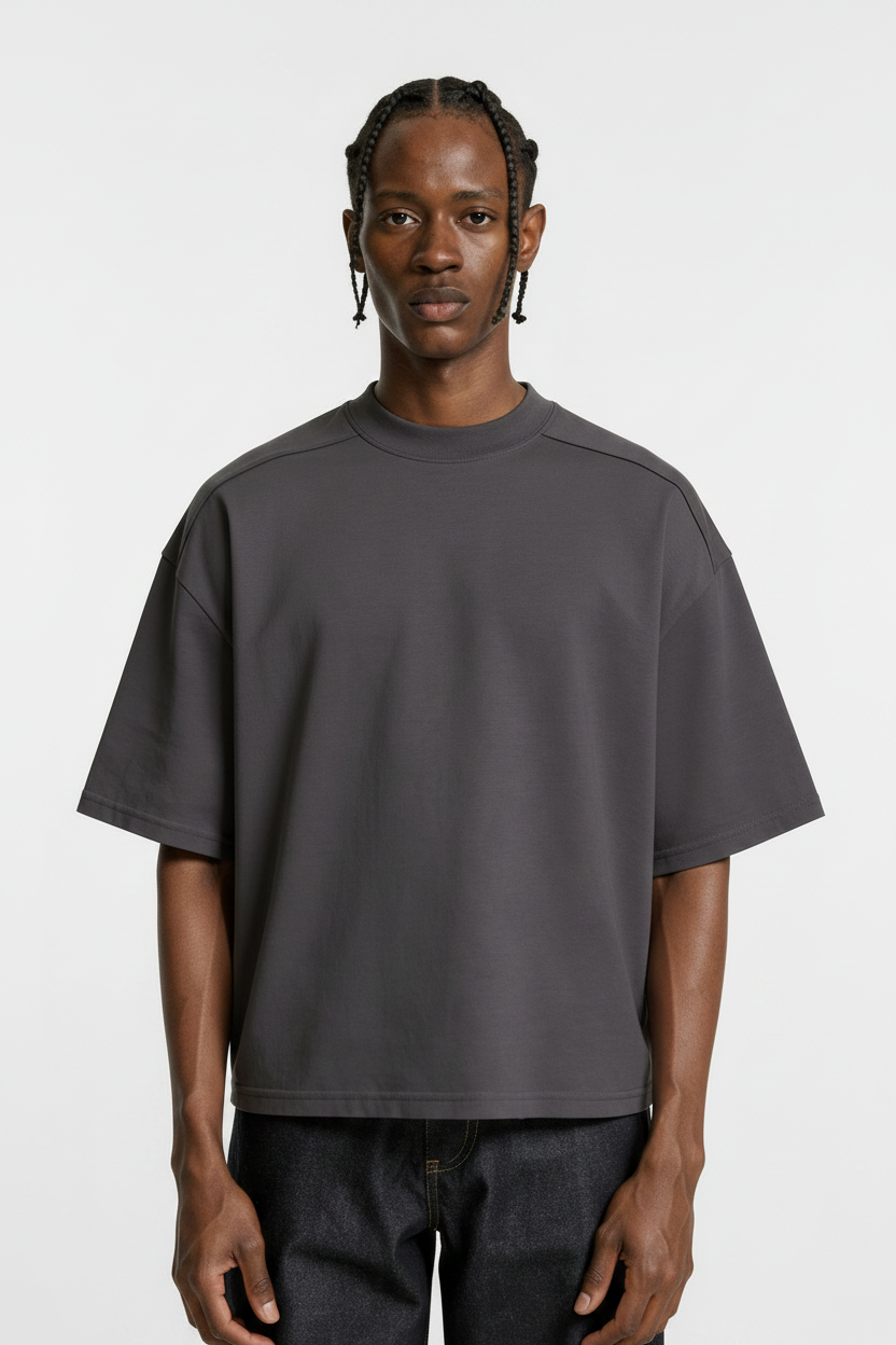 Gray Boxy Tee with Shoulder Line Detail